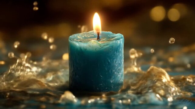 Burning teal candle with soft glowing flame and blurred background details