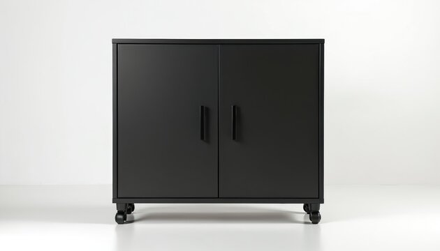 Modern black cabinet with double doors and handles stands on wheels against a clean white background. Simple furniture piece for home or office storage.