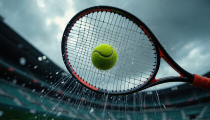 Tennis racket with raindrops on strings hits tennis ball. Racket head with water drops faces camera. Ball hangs in mid-air before powerful shot on rainy day at tennis court with empty stands.