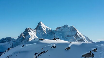 Realistic snow-covered mountain peaks under clear sky, clean minimal composition, professional travel photography