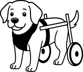 Cute Outline Dog in Wheelchair – Simple Cartoon Vector Illustration