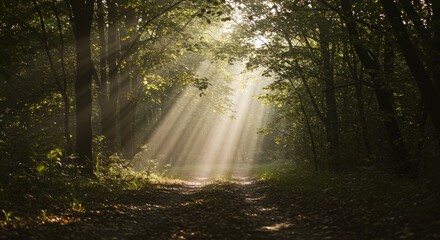 Obraz premium Sunlight streams through forest trees creating a serene and peaceful atmosphere