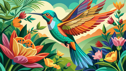 Obraz premium Very beautiful hummingbird (Kolibri) gracefully hovering near a vibrant flower, wings shimmering in sunlight, capturing a delicate moment of nature’s elegance and vivid color harmony in a peaceful gar