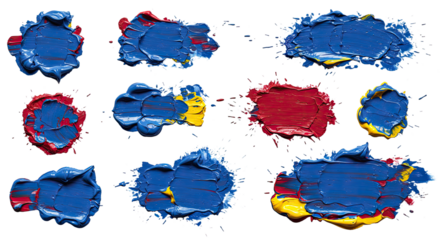 Abstract blue, red, and yellow paint smears on white background, perfect for art projects and creative design