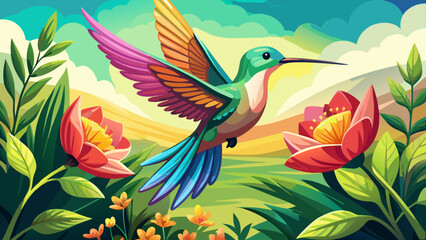 Naklejka premium Very beautiful hummingbird (Kolibri) gracefully hovering near a vibrant flower, wings shimmering in sunlight, capturing a delicate moment of nature’s elegance and vivid color harmony in a peaceful gar