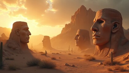 Huge stone faces stand in vast desert landscape. Ancient rock sculptures gaze at warm sunrise sunset light. Mysterious figures emerge from sand, surrounded by tall mountains, scattered cacti plants.