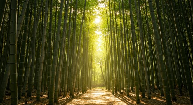 Towering bamboo forest with sunlight serene nature scene and lush environment
