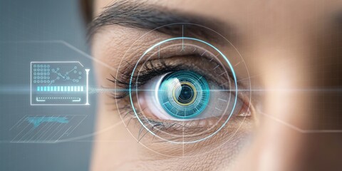 A futuristic eye with a digital overlay, showcasing technology and biometric scanning, emphasizing innovation in vision and security.