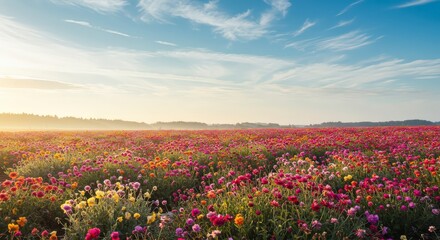 Fototapeta premium Vibrant field of colorful flowers under a bright blue sky at sunset