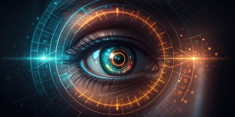 A close-up of a futuristic eye with digital elements, featuring glowing circuits and vibrant colors, symbolizing technology and perception.
