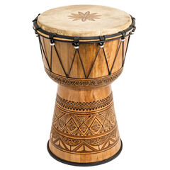 Closeup of an african djembe drum with detailed carvings, isolated on transparent background