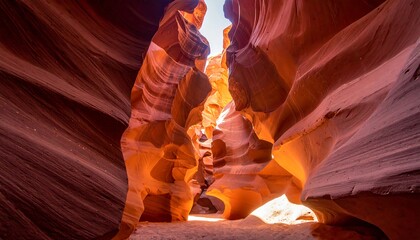 Naklejka premium Narrow sandstone canyon with vibrant light filtering through the top