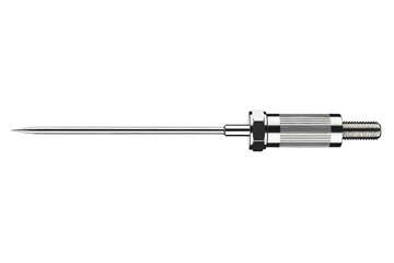 Metal precision tool with a sharp point and threaded body isolated on a transparent background