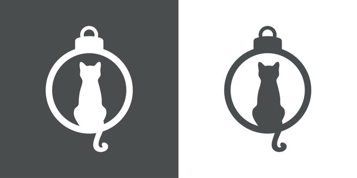 Tiempo de Navidad. Logo con silueta de bola de navidad con gato con rabo colgando para su uso en tarjetas y felicitaciones