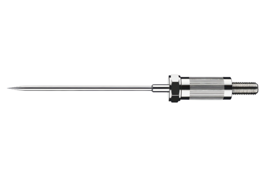 Metal precision tool with a sharp point and threaded body isolated on a transparent background
