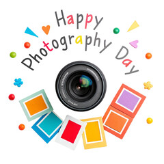 Happy photography day text with camera lens and photos isolated on transparent background