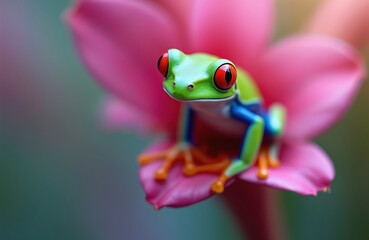 Bright green frog with big red eyes sits on pink flower petal. Vibrant blue and yellow stripes on legs. Macro shot of tiny amphibian in nature. Small creature rests on flora. Delicate animal poses.
