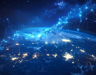 Panoramic view of Earth with a network connection overlay in a starry space