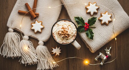 Cozy winter scene with hot chocolate, gingerbread cookies, cinnamon sticks, and festive decorations.