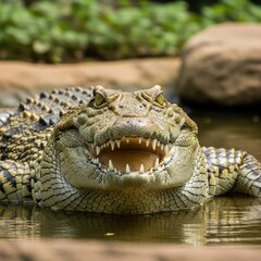 Fototapeta premium Impressive Crocodile Close-Up, Revealing its Scaled Armor and Ferocious Teeth