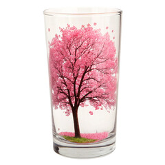 A clear glass tumbler with a printed image of a pink cherry blossom tree isolated on transparent background