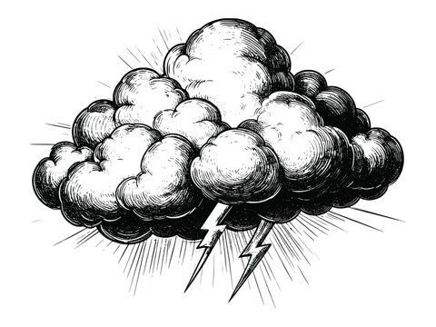 Thunderstorm cloud with lightning bolts depicted in vintage engraved style, dramatic atmosphere, rain, electricity, and strong weather elements on white background.