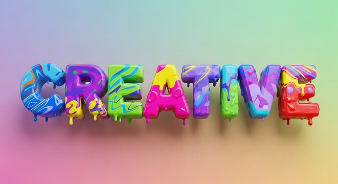 Colorful and dripping letters spelling out the word creative on a gradient background
