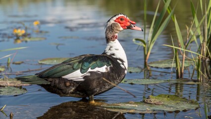Realistic Muscovy Duck in natural wetland habitat, red facial caruncles, black and white feathers, standing in shallow water with reeds and lily pads, wildlife photography