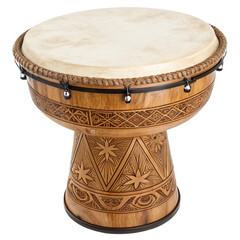 An african djembe drum with detailed carvings and a natural skin head, isolated on transparent background