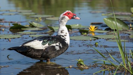 Realistic Muscovy Duck in natural wetland habitat, red facial caruncles, black and white feathers, standing in shallow water with reeds and lily pads, wildlife photography