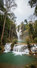 Fototapeta premium Enchanting cascades: A secluded waterfall gracefully weaving through a lush forest