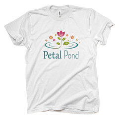 White tshirt with petal pond logo featuring a pink flower and water isolated on transparent background
