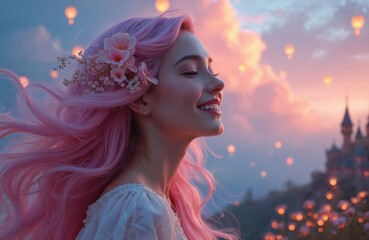 Fototapeta premium Young woman with long pink hair and flowers smiles happily. She enjoys fantasy sunset view with distant castle. Many glowing lanterns float in sky. It is magical, dreamy, beautiful evening moment.
