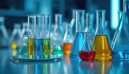 Lab equipment with test tubes, flask. Liquids different colors. Chemical glassware on table for experiments. Science background shows medical research, vaccine development, biotech innovation. Lab