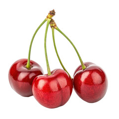 Three ripe red cherries with stems isolated on transparent background