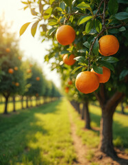 Rows of citrus trees laden with ripe oranges stretch into the distance under a warm sun. Green leaves and bright fruit create a vibrant, natural scene. An orchard offers fresh produce.