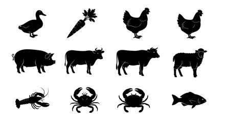 farm animals collection vector, Black silhouettes of farm and sea animals and food