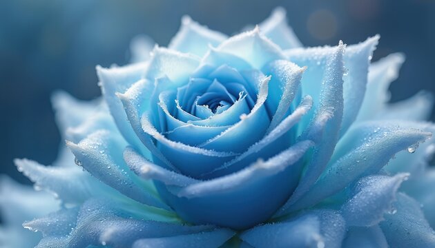 Blue rose flower with frost and dew on petals in close-up view. Frozen ice blue rose in winter. Crystal clear petals with water drops on blue background.
