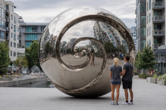 Shiny sphere reflects urban scene; people gaze - Powered by Adobe