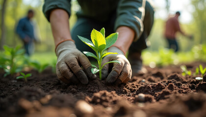 Hands plant young tree in soil. Gardeners care for nature, working together in garden. Growing seedling to conserve environment, support organic eco farming. Cultivation project to improve ecosystem.