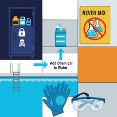 Safety guidelines and personal protective equipment for handling and storing swimming pool chemicals.