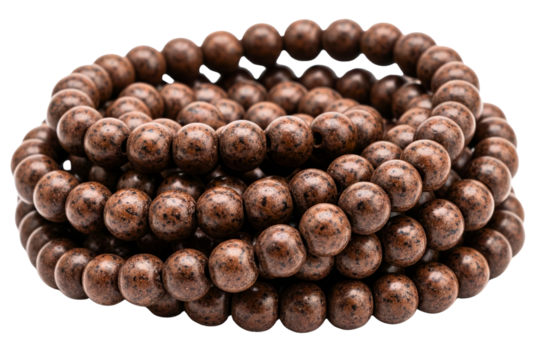 Spiritual prayer beads made of natural speckled brown stone isolated on a transparent background