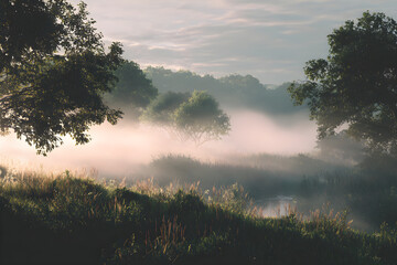 Tranquil Dawn: Early Mornig Mist Blankets the World n Soft Serenity, Offering  Peaceful Start to the Dayand a Canvas of Calmness fr Mind Relaxation and Reflction