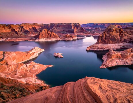 Scenic view of a large lake surrounded by desert rock formations at dusk