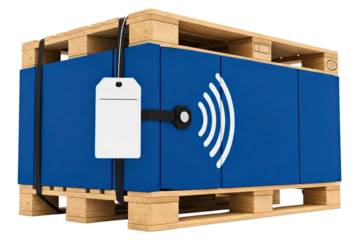 Wooden pallet with cargo and radio frequency tracking tag isolated on a transparent background