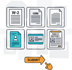 Collection of tax forms and documents including W-2, 1099, direct deposit information, and identification cards, with a submit button.