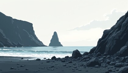 Dramatic cliffs border calm ocean water and rocky beach. A lone rock formation stands offshore under a hazy sky. This scene inspires travel and exploration.