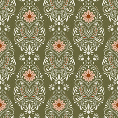 Ornate Olive Floral Damask Pattern