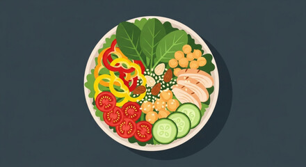 Overhead shot of a healthy salad bowl with fresh vegetables and grilled chicken, promoting nutritious eating and a balanced diet for wellness