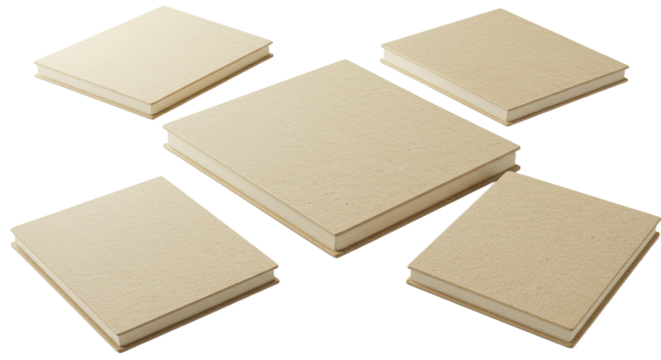 Beige square coasters with textured surface on white background, set of five for home and office use